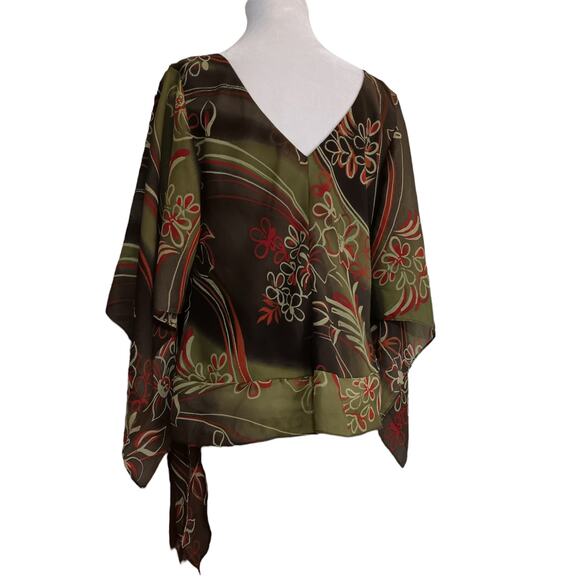 VINTAGE 90s Y2K Boho Blouse Top 14W Artsy Floral Green Brown‎ Orange V-Neck - Picture 5 of 11